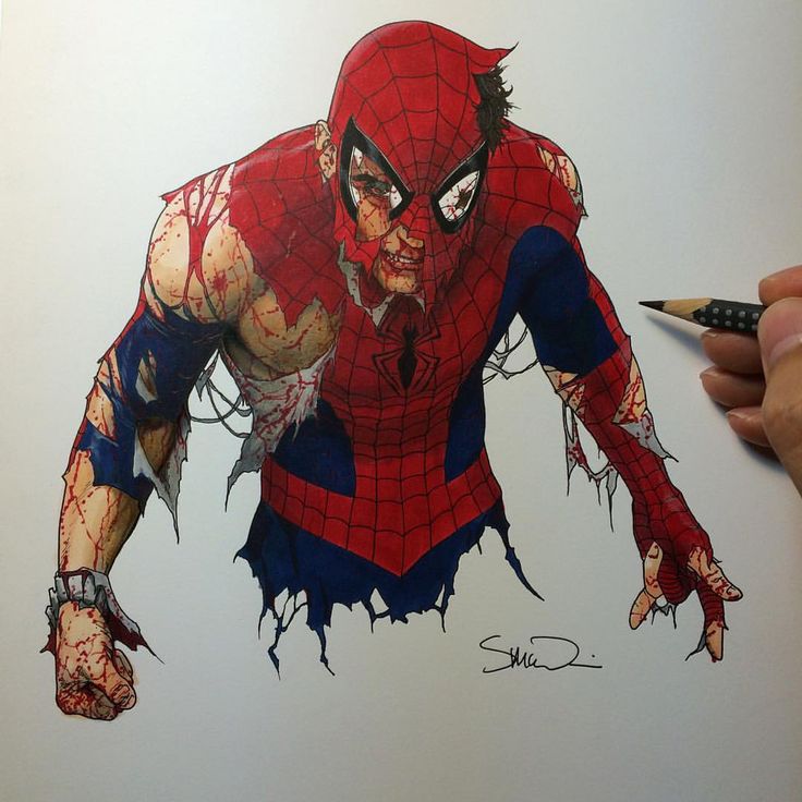 a detailed pencil drawing of a ripped and bloody spiderman. the drawing is very realistic and shows the damage the character has sustained. the drawing is done in black and white and shows the intensity of the character. there is a signature on the bottom right side of the drawing.