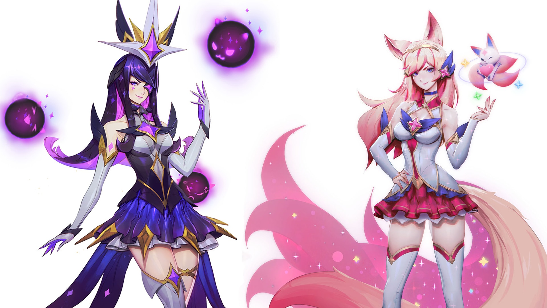 this is an illustration of two league of legends characters, ahri and neeko, in their star guardian skins. the characters are drawn in a brightly colored anime style with a fantasy setting. ahri is wearing a white, pink and blue outfit with pink fox ears. she has a long, pink tail and a small fox companion. neeko is wearing a dark purple outfit with a crown and star accents. she has long, purple hair.  both characters are holding small, magical creatures. the two characters are against a white background with a few sparkles.