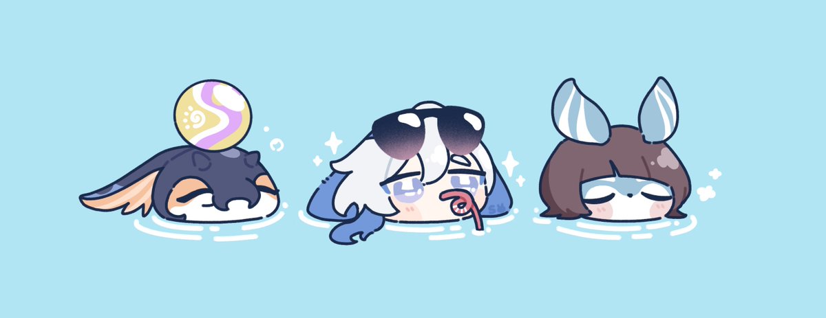 the image is a digital drawing featuring three adorable chibistyle characters enjoying a summer day in the water.  the character on the left appears to be a foxlike creature with a pastelcolored ball balanced on its head. the character in the center looks similar to a wolf or dog with sunglasses on and a straw in its mouth. the character on the right resembles a rabbit.  all three are drawn in a cute, kawaii style with soft pastel colors and simplified features. the background is a light blue, suggesting a pool or calm body of water.  the overall mood is light, fun, and playful.