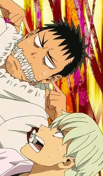 the image features two male anime characters in a humorous interaction. the character on top, with tan skin and short dark hair, has an exaggerated, mischievous expression. he is pulling a wide, toothy grin with his fingers, revealing sharp teeth. the character below, with light skin and short white hair, is looking up with a frustrated and exasperated expression. his mouth is open as if he's yelling. the background is an abstract pattern of red, yellow, and white lines, adding to the energetic and dynamic feeling of the image.