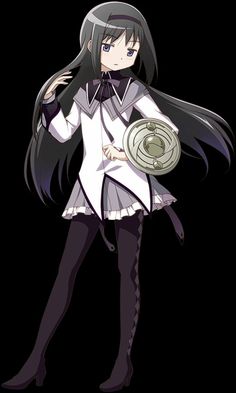 a digital drawing of homura akemi, a character from the anime puella magi madoka magica, standing in front of a black background. she is wearing a white dress, black tights and boots, and has long black hair and blue eyes. she is holding a shield in her left hand.