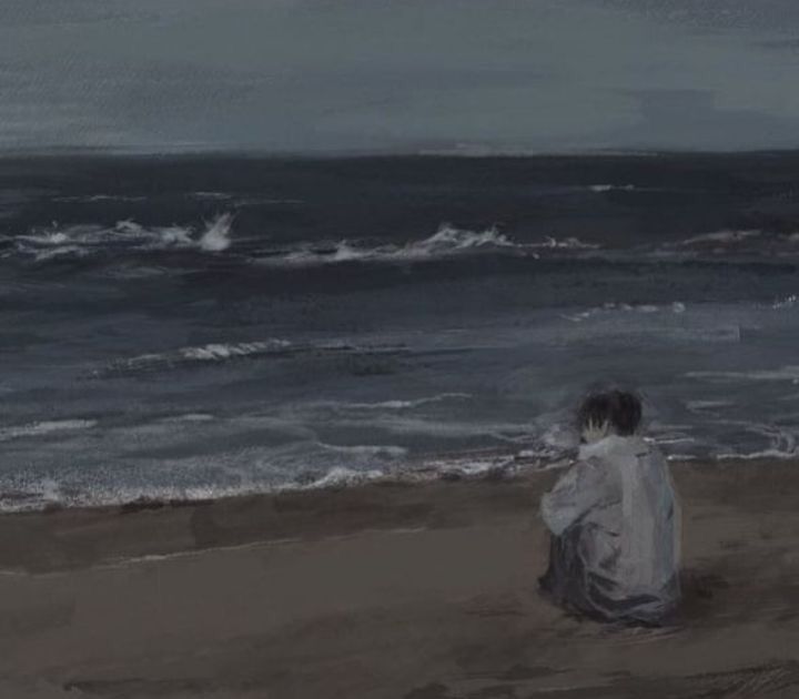 the image depicts a person sitting on a sandy beach, facing the ocean. the sky is overcast with dark clouds. waves crash on the shore. the scene has a somber, melancholic feel. the image appears to be a painting or digital art.