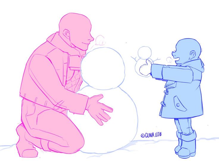 a handdrawn cartoon illustration of a man and a child building a snowman together during the winter. the man is on his knees, while the child is standing and using his hands to roll snow into the snowman.  the illustration is drawn in a simple, yet whimsical style.  the man is pink and the child is blue.  the snowman is a white circle.