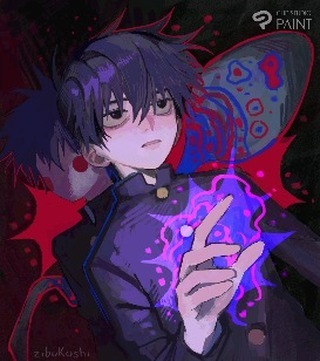 his is a digital fanart of shigeo kageyama, also known as mob, from the anime series mob psycho 100.  the art style is dark and vibrant, with a focus on intense colors of purple, blue, pink, and red.  mob is depicted in his school uniform, his face showing a serious expression. he is surrounded by glowing, swirling energy emanating from his hand, suggestive of his psychic abilities. the background features abstract shapes and splashes of color, adding to the overall surreal and dynamic feel of the piece. the artwork captures a moment of mob using his powers. the artist's signature is visible in the lower left corner.