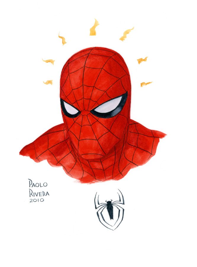 a watercolor illustration of spiderman's face with his red and blue mask on. there is a small spider web logo at the bottom of the illustration. the image is signed by paulo rivera and dated 2010.