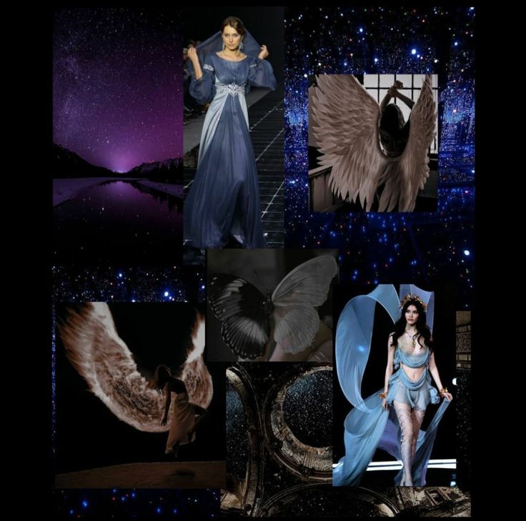 a fashion collage with a dark, mystical, and ethereal aesthetic. it features images of women wearing flowing dresses and angel wings, set against backgrounds of starry nights and celestial imagery. the collage incorporates elements of fantasy, glamour, and romance, creating a captivating and dreamlike atmosphere.