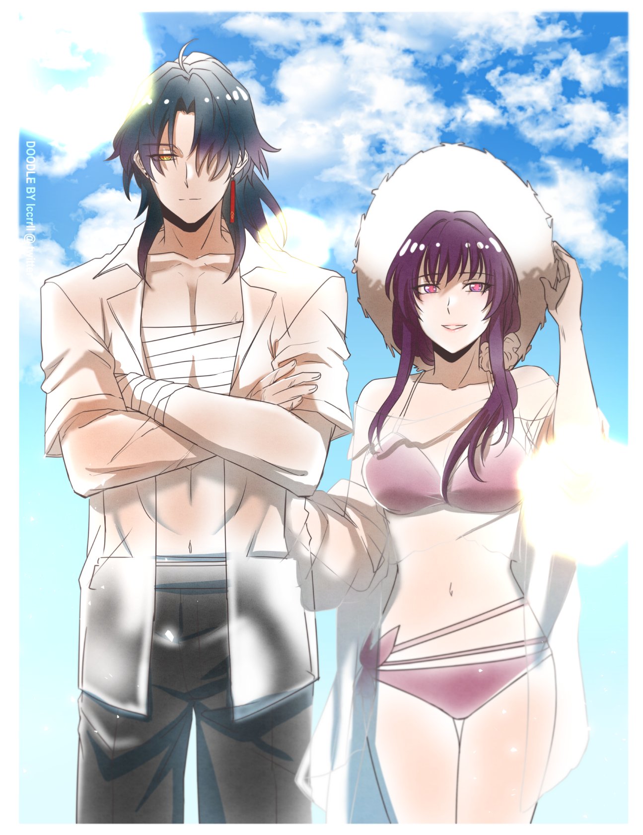 an anime couple is enjoying a sunny day at the beach. the man is wearing a white lab coat and black pants, while the woman is in a pink bikini and a large white sun hat. they are both smiling and looking happy.