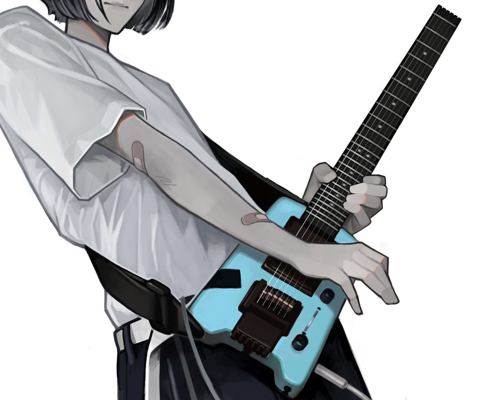 the image shows a closeup of an animestyle girl playing a teal electric guitar. she has short black hair, is wearing a white shirt and black pants, and appears to be in a casual pose. the art style is digital and features detailed lines and shading, creating a stylish and cool vibe. the guitar is prominently featured in the image, with its teal color contrasting sharply against the girl's white shirt. the overall aesthetic is modern and artistic.