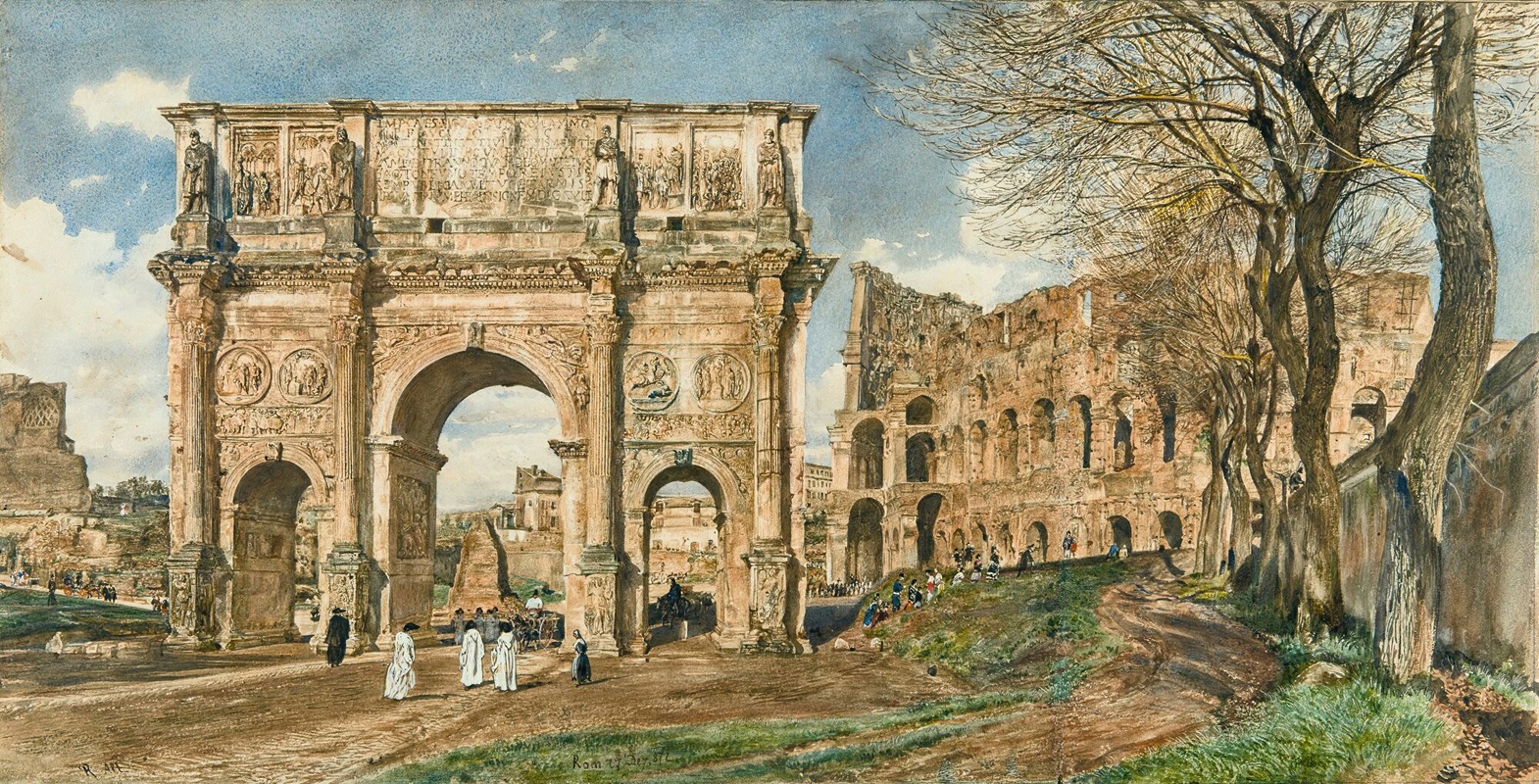 this is a watercolor painting depicting the arch of constantine and the colosseum in rome, italy. the painting shows the arch of constantine prominently on the left side of the image, with its intricate carvings and details. people are walking around the arch, suggesting the scale of the structure. to the right of the arch, partially obstructed by bare trees, is the colosseum, its ruined state suggesting its historical significance. a path leads towards the colosseum, with people scattered along it. the overall scene suggests a blend of historical architecture with a natural landscape, capturing the atmosphere of rome. the sky is slightly cloudy, adding depth to the composition.
