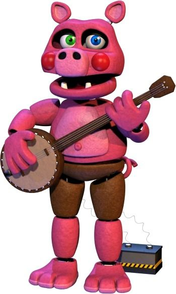 this is a digital rendering of a pink, toy animatronic pig. the pig is holding and playing a banjo. the pig has one green eye and one blue eye. there is a box with a power button near its feet.