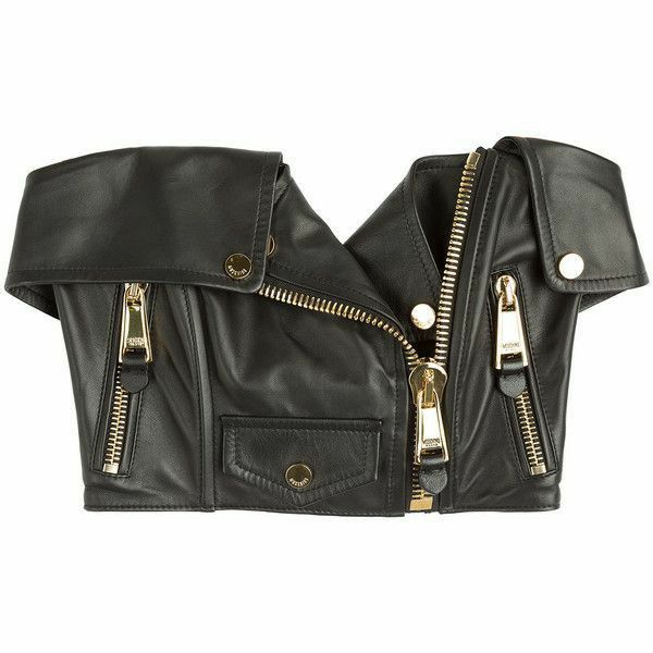 a black leather jacket with gold zippers and buttons. the jacket has short sleeves and a unique design.