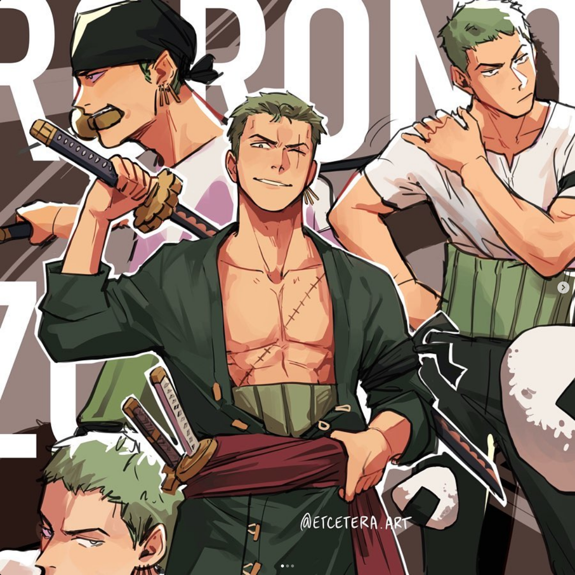 a fanart of multiple portraits of the one piece character roronoa zoro in various poses and expressions. he's shown with his three swords and signature green hair.