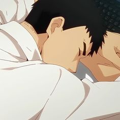 the image shows a young man with short black hair sleeping peacefully in bed. the closeup perspective emphasizes the tranquility of his slumber, captured with soft lighting and a warm color palette. the drawing style suggests an anime or manga aesthetic. his white shirt and bedsheets contrast with his dark hair, further emphasizing his relaxed posture.