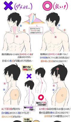 an artist's reference sheet showing common mistakes when drawing a male neck from a 3/4 view (labeled with an x) and how to correct them (labeled with a circle). there's japanese text describing the mistakes and corrections.