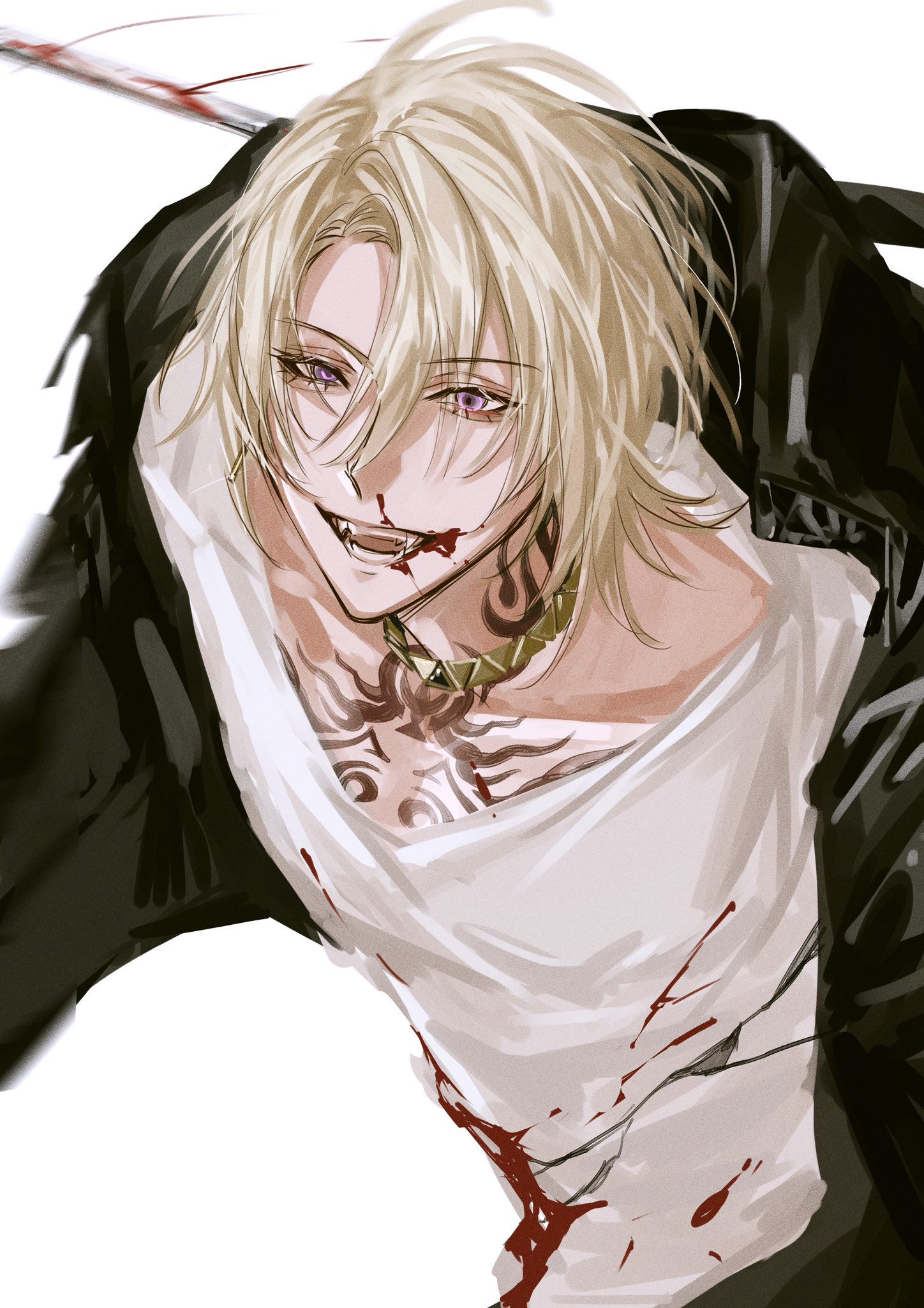 this is a digital art illustration of a young male anime character. the character is dressed in a black jacket, a white shirt, and has long, flowing blond hair. they have a tattoo on their chest and are covered in blood. their expression is intense and they are holding a knife in their hand. the artwork is stylized and has a dark and edgy feel.