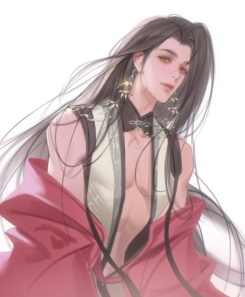 this image is a digital painting of a handsome anime man with long black hair, wearing a red shirt and a white vest with a decorative collar and necklace. he is looking directly at the viewer with a mysterious and alluring expression. the background is a soft white with hints of pink. the art style is ethereal and dreamlike, with a focus on beauty and elegance. the image evokes feelings of love, passion, and desire.