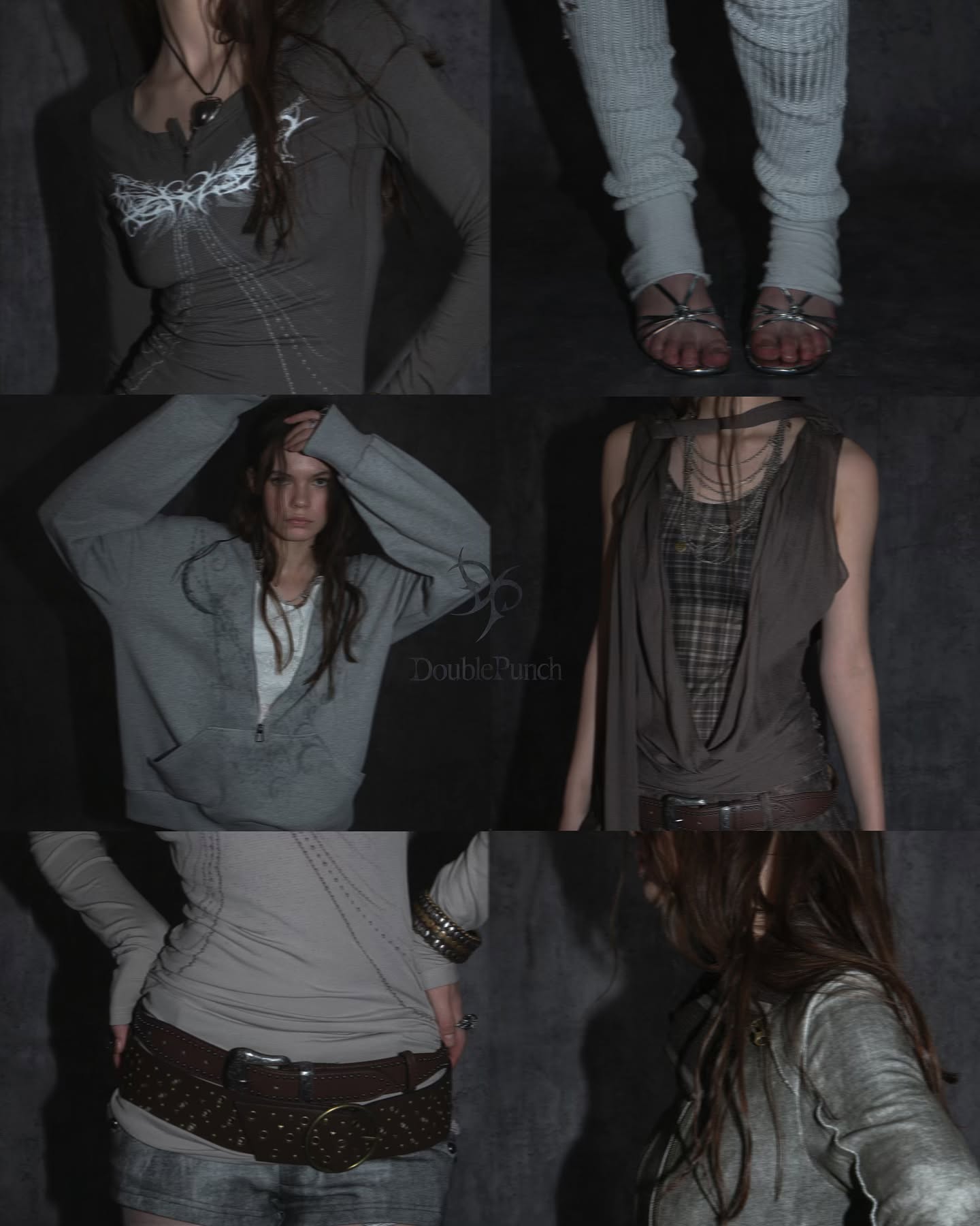 the image is a fashion collage showcasing different outfits on a female model. the overall aesthetic is grunge or postapocalyptic, featuring neutral tones like grey and brown.  the clothing style is layered and includes longsleeved shirts, sweaters, dresses, and unique belts. several different footwear options are shown, including sandals and what appear to be leg warmers or other leg coverings. the background is consistently dark and moody. the style is edgy and alternative. the watermark "doublepunch" suggests the image is promotional for a specific fashion brand.  each section of the collage shows the model in a distinct outfit, allowing for a showcase of various styles.