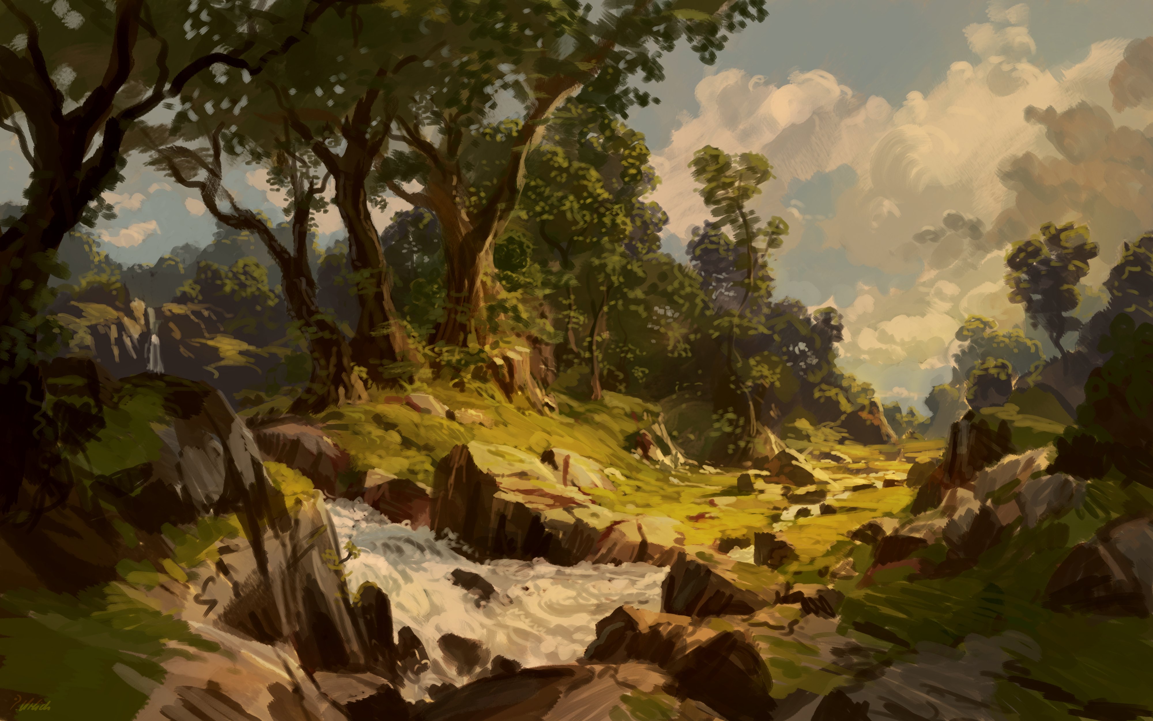 a digital painting depicting a serene landscape. a gently flowing stream winds through a lush green valley, surrounded by mosscovered rocks and towering trees. the sunlight filters through the leaves, casting dappled shadows on the ground.  the sky is partly cloudy, with bright sunlight breaking through. the overall atmosphere is peaceful and idyllic, evoking a sense of tranquility and natural beauty. the style is painterly, with visible brushstrokes adding texture and depth to the image.