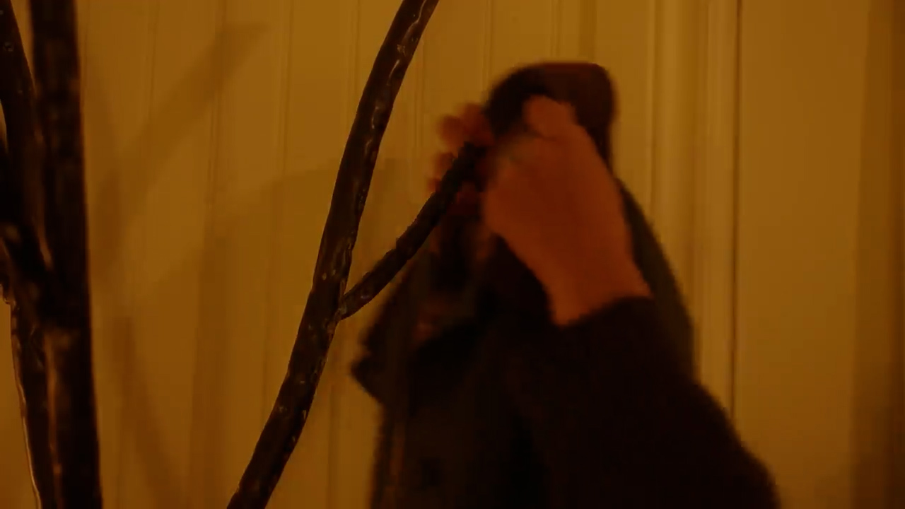 an out of focus person is shown in front of a door with their hand on the doorknob. the person is silhouetted against the dimly lit wall and is only visible as a dark shape. they are wearing a dark shirt and have their head turned away from the camera. to the left of the person, there is a branch that is also out of focus and partially obscuring the person. the branch is dark brown and has a few leaves on it. the wall behind the person is light yellow and has a vertical striped pattern. the overall lighting in the image is very dim and creates a mysterious atmosphere.