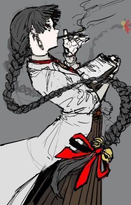 the image is a stylized black and white drawing, possibly anime or mangainspired, of a woman with long black braided hair. she's wearing a long, white coat that resembles a lab coat or traditional east asianinspired clothing, and she's holding what seems to be a cigarette or pipe in her hand and has a relaxed yet serious expression.  she's adorned with red ribbons and her hair acts as a striking feature, creating a dynamic feel to the composition. the background is a hazy gray, adding to the mysterious atmosphere. the overall style is sketchlike, with bold lines and shading that highlights the character's posture and expression.