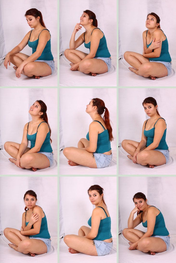the image showcases a woman posing in nine different variations while sitting crosslegged on a white background. she wears a blue tank top and denim shorts.  the poses are mostly relaxed and casual, with slight variations in hand placement and expression. she is looking in various directions, creating a dynamic and diverse set of images.