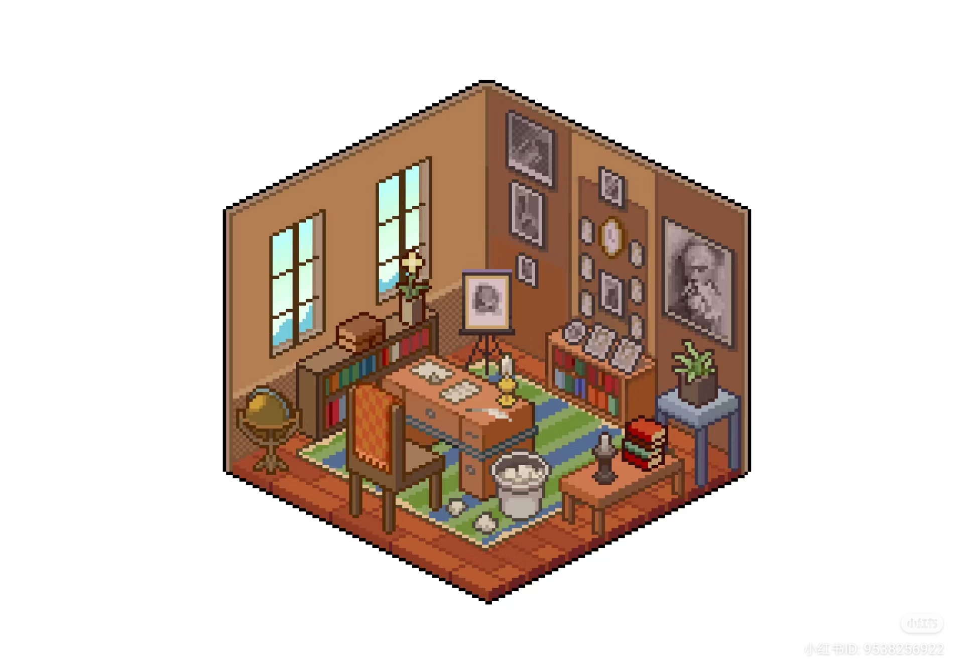 this pixel art depicts a cozy study filled with books, papers, and personal effects.  a large wooden desk sits in the center, illuminated by natural light from two windows.  the warm, inviting atmosphere suggests a place of quiet contemplation and scholarly pursuits.