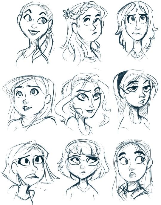 the image is a collection of nine pencil sketches of female faces, each displaying different expressions and hairstyles. they are drawn in a cartoon style with exaggerated features and expressions.  the image is on a white background.