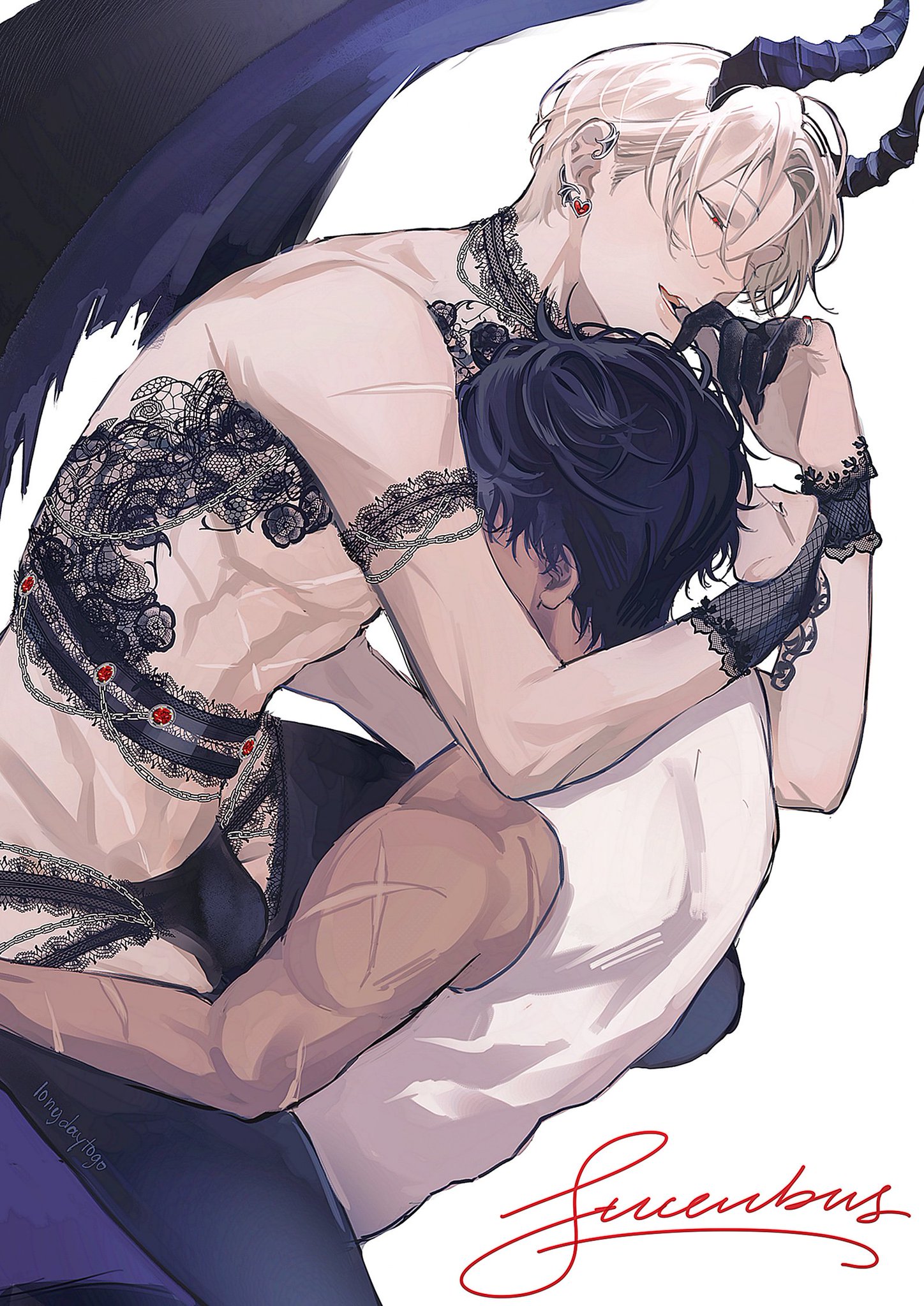 the image is a digital illustration in an anime/manga style depicting a romantic and intimate scene between two young men. one, with blond hair and dark, devillike horns, is partially clad in black lace lingerie and has dark angellike wings. he is embracing the other, who has dark hair and is wearing a simpler white top. the overall mood is sensual and suggestive, with a dark fantasy aesthetic emphasized by the black lace and the succubuslike figure of the blondhaired character. the artwork is highly detailed and beautifully rendered, showcasing both the characters' physiques and their emotional connection. the word "succubus" is written in a stylized script near the bottom of the image.