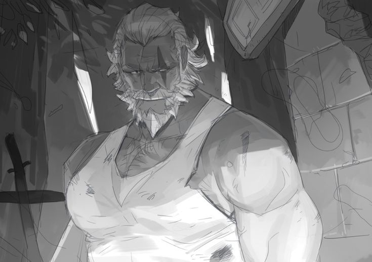 the image is a grayscale sketch or digital painting of a muscular, older man with a beard. he appears weathered and battleworn, with his clothing showing signs of wear.  he's wearing a simple tank top. the style is rough and detailed, suggesting a character design for a fantasy or action setting. the background is dark and indistinct, focusing attention on the figure. the man's expression is serious and intense. the overall mood is dark and gritty.