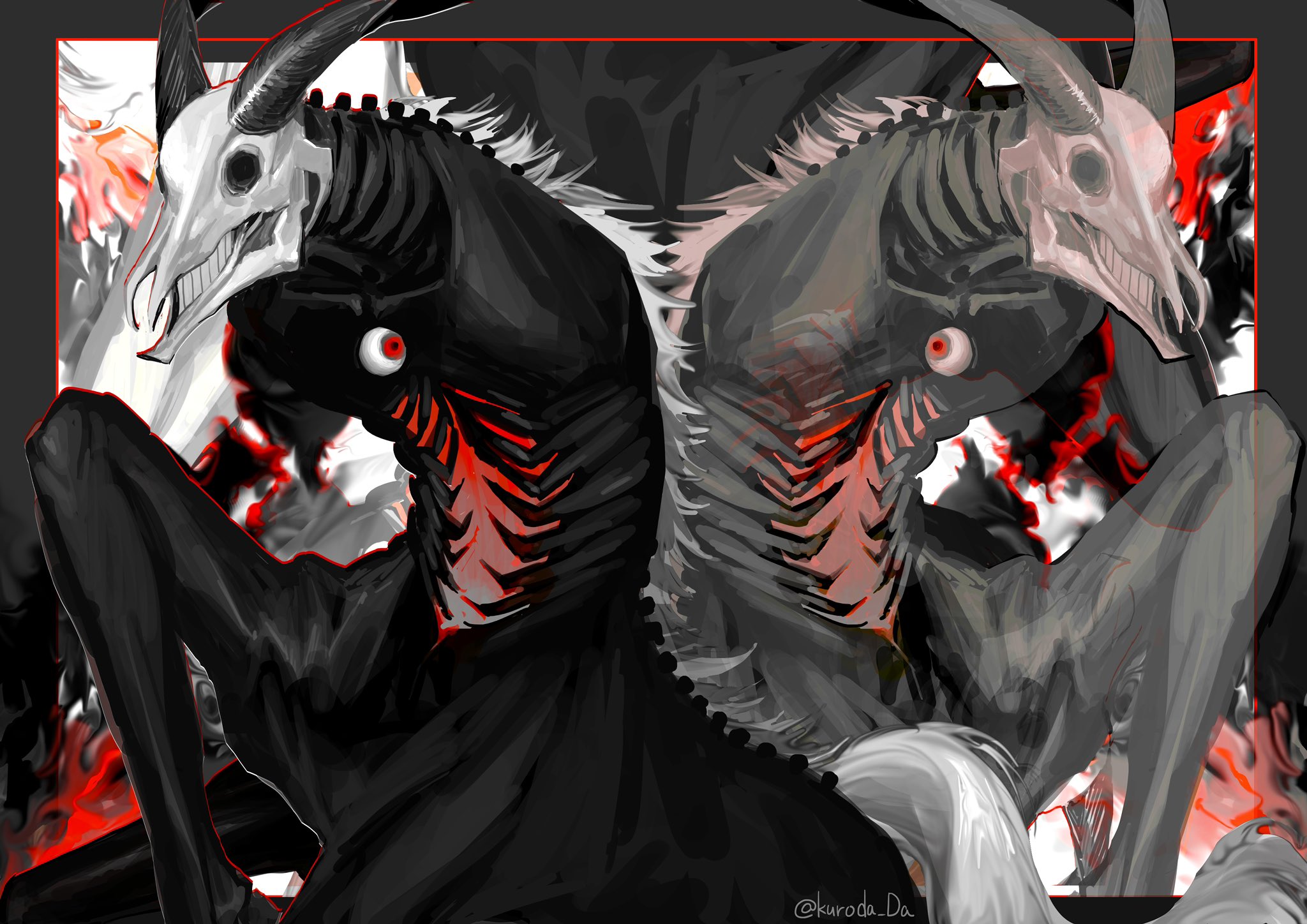 two skeletal horselike creatures are depicted in the image. they are primarily black and white with exposed bones and glowing red eyes and markings. the creatures are posed similarly, creating a sense of symmetry in the composition.  the background is an abstract mix of black, white, and red.