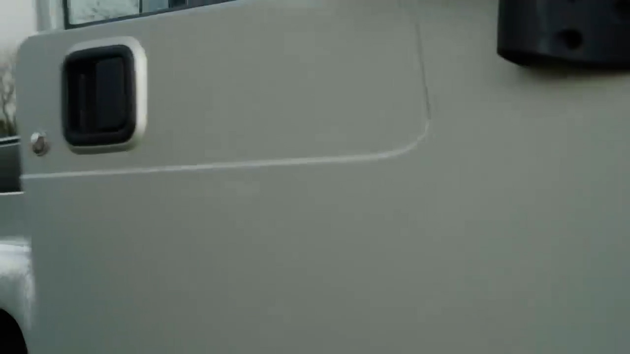the image shows the side view of a silver car door, featuring a black handle and a portion of the side mirror.  the car appears to be parked, and the lighting suggests an overcast day.