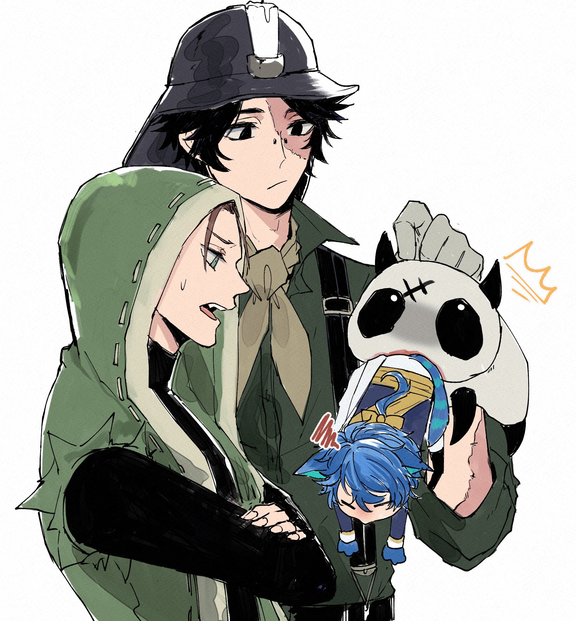the image shows two anime characters, one male and one female. the male character is holding a panda plushie and a bluehaired character with cat ears. the female character is wearing a green hooded jacket. the male character is smiling. the female character is looking at the panda with a surprised expression. the panda is wearing a black and white scarf. the bluehaired character is wearing a yellow and blue outfit. the background is white.