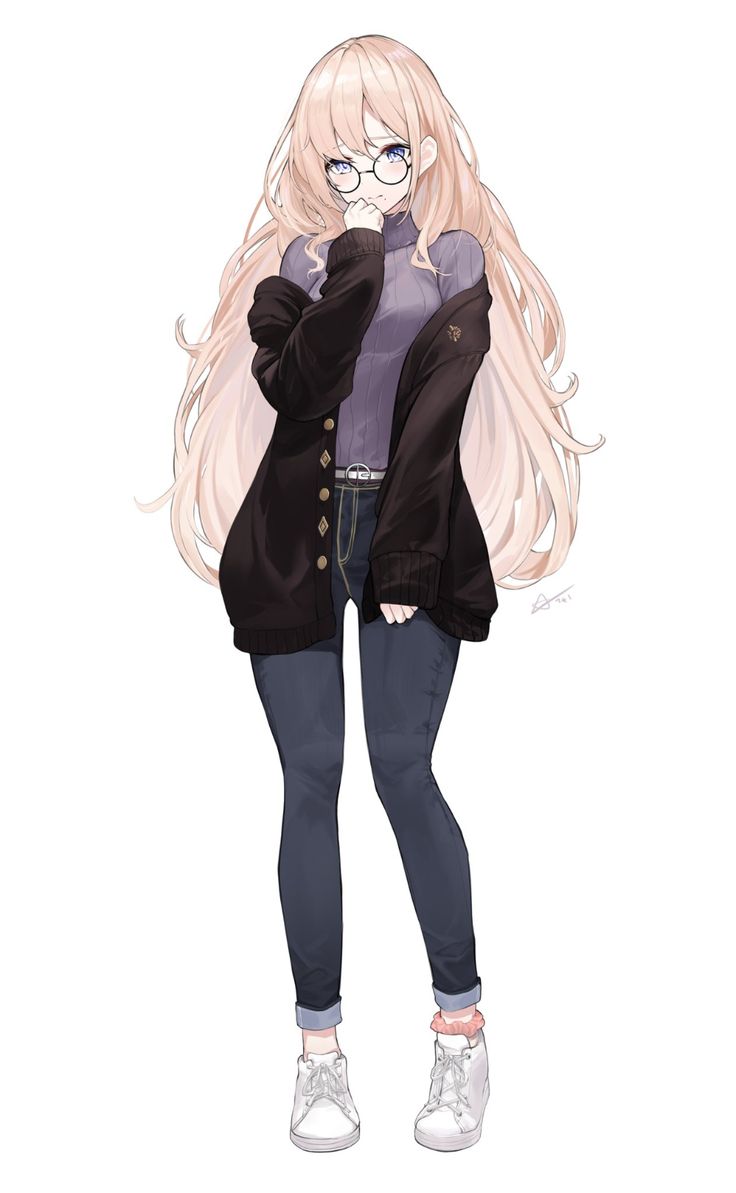 an anime girl with long blonde hair, wearing a black cardigan over a purple turtleneck, blue jeans, white sneakers, and glasses, is standing against a white background. she is looking down and appears to be shy. she is drawn in a cute and casual style.