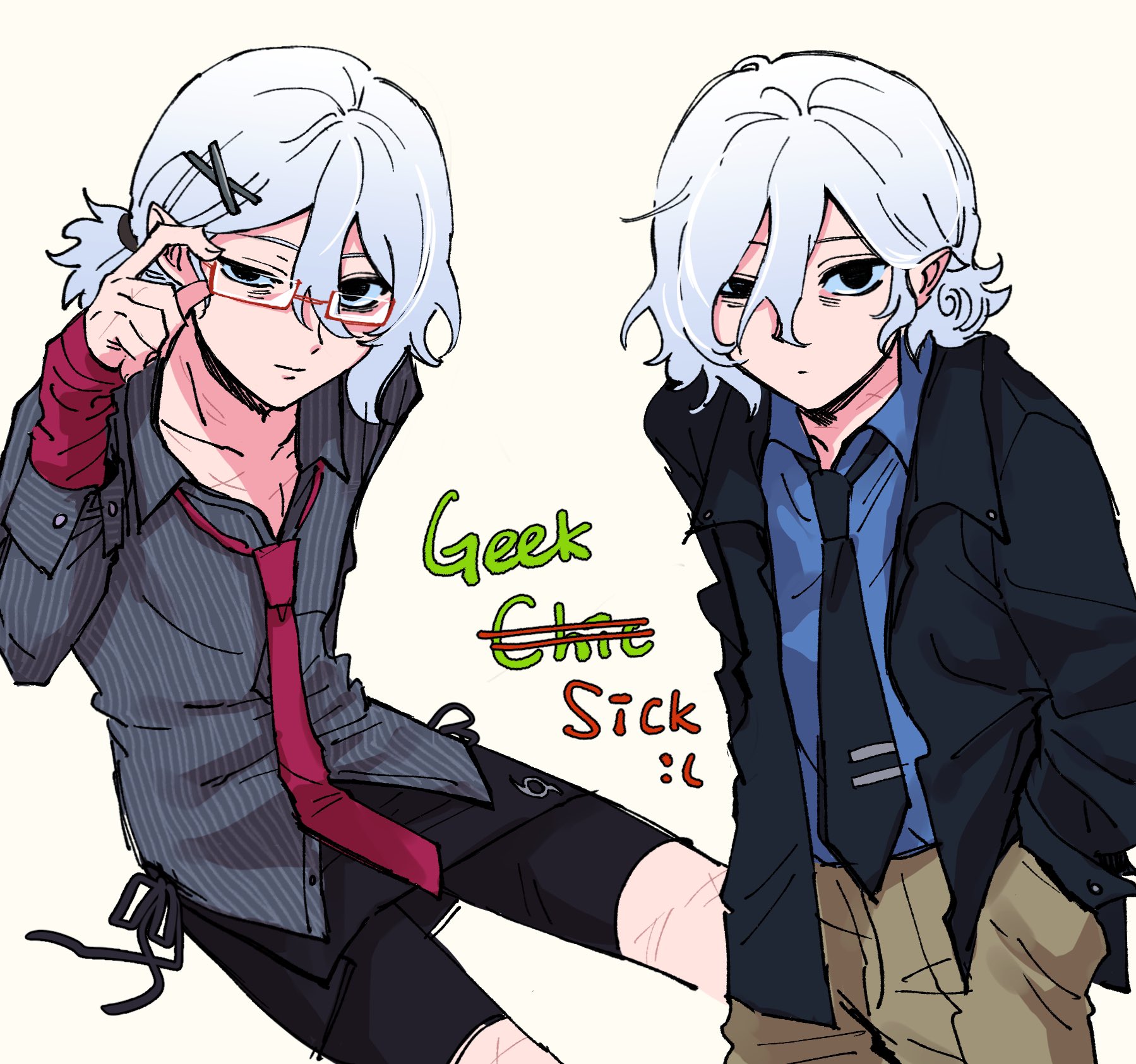 the image features a digital drawing of two versions of an animestyle boy.  both versions share similar features: white hair, fair skin, and a generally slender build.  the first version is dressed in a more casual style; an unbuttoned striped shirt with a red tie, dark shorts, and arm warmers. he's wearing glasses and appears slightly mischievous. the second version is dressed more formally in a dark jacket, lightcolored pants, and a blue collared shirt with a dark tie. this version seems more serious or subdued.  the word "geek" is written in green, with "chic" crossed out and "sick" added underneath, suggesting a stylistic evolution or the character's different moods/personalities. the art style is clean and expressive with visible line art and shading.