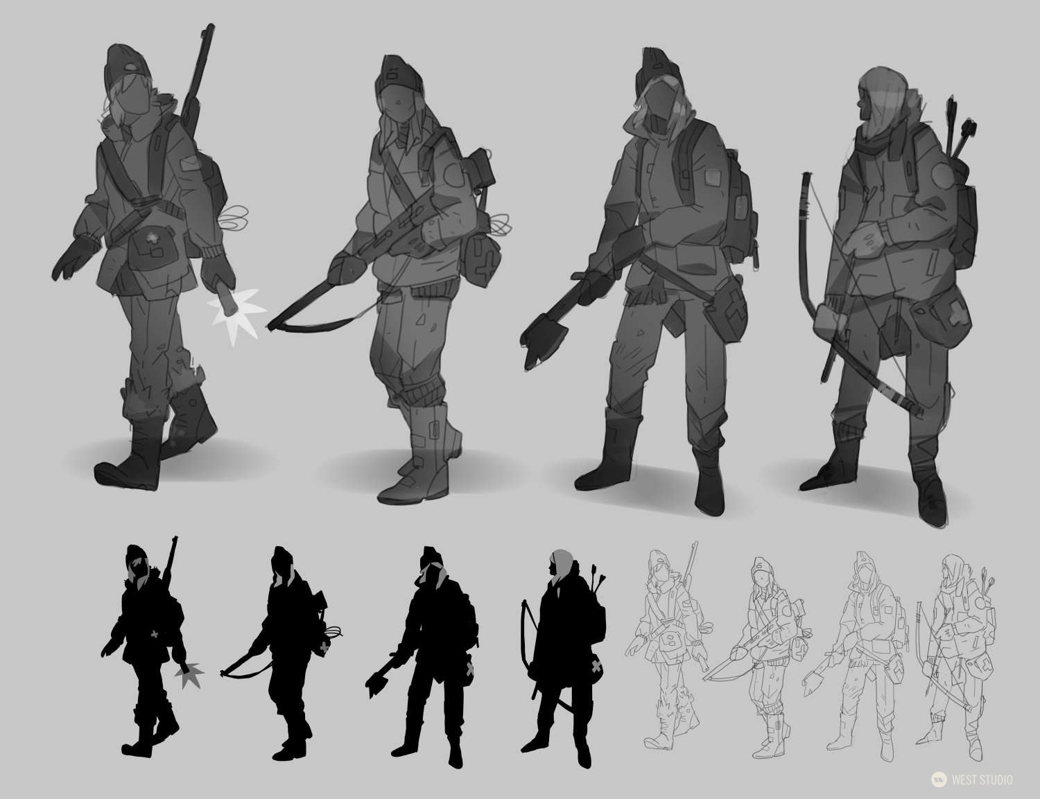 the image showcases character design concepts for a female character in a postapocalyptic setting. she is depicted in winter clothing, equipped for survival with weapons like a bow and arrow, crossbow, and axe. the designs explore different poses and outfit variations. silhouettes and line art versions of the character are presented below the main illustrations.  the overall palette is grayscale, suggesting a bleak and desolate environment.