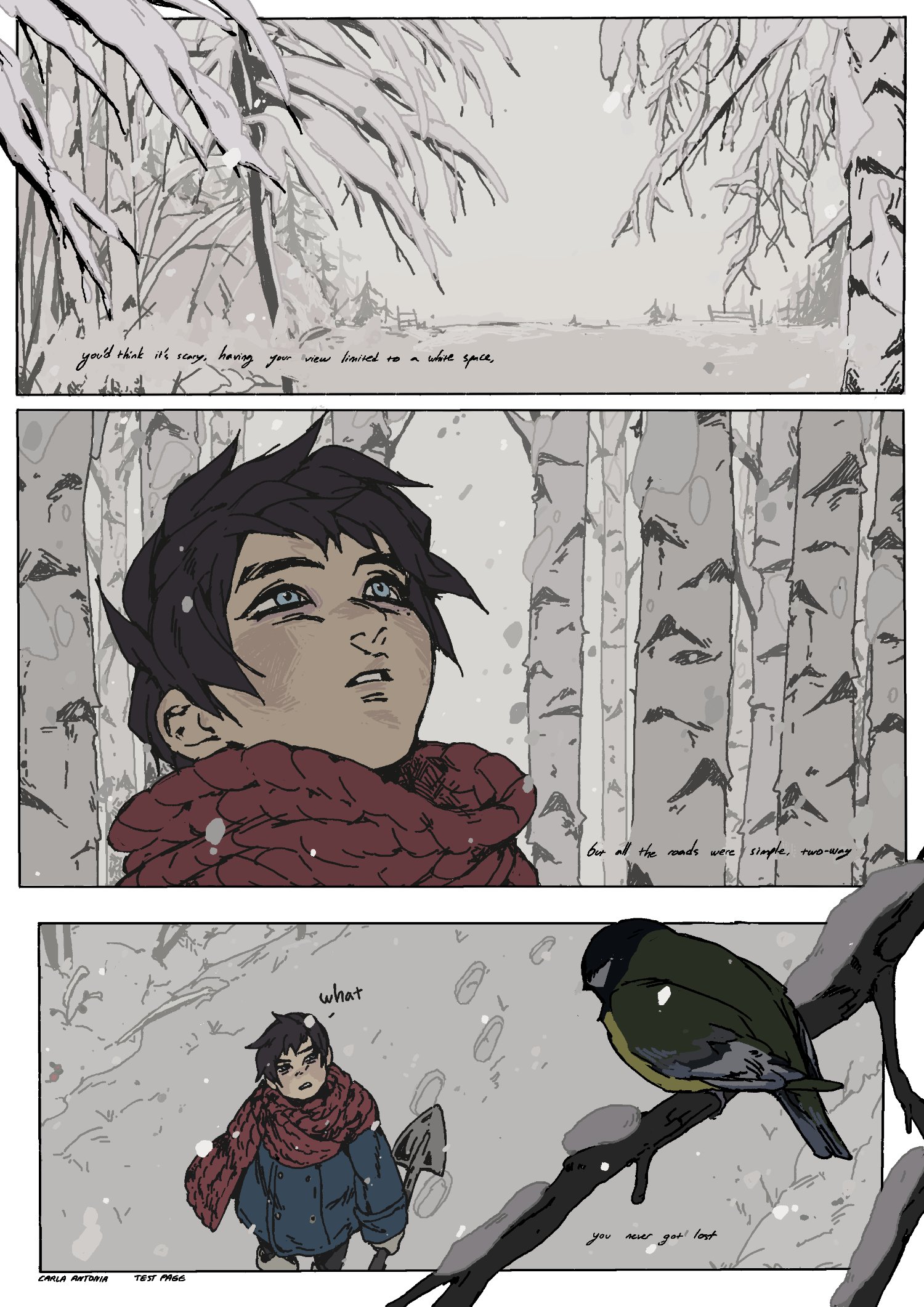 the comic shows a boy looking lost in the forest. he is wearing a red scarf and looking up at the sky. the forest is covered in snow and there are footprints on the ground. there is a bird perched on a tree branch. the text in the comic says "you'd think it's snowy, honey, you never lived in a white space," "one of the roads were simple, snowy," "what," "you never get lost." the comic is drawn in a black and white style with some grey shading.