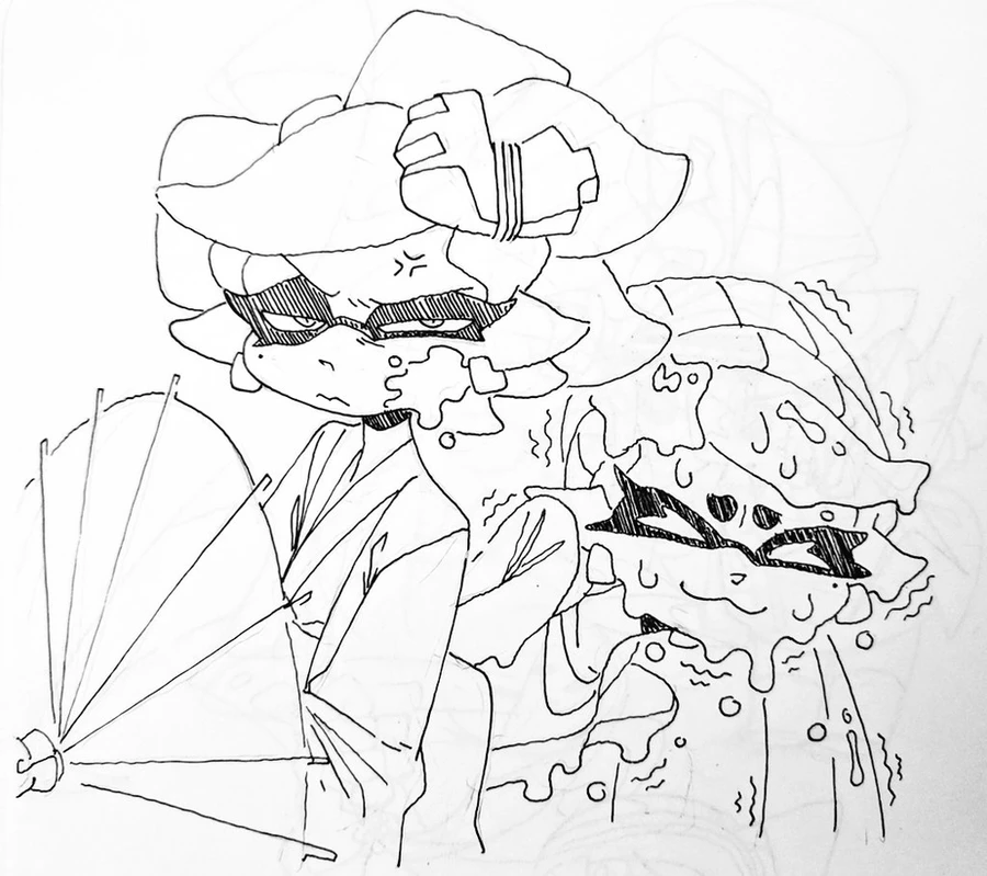 a black and white line drawing of two anime girls. one is holding an open umbrella, the other has an odd, melted look.