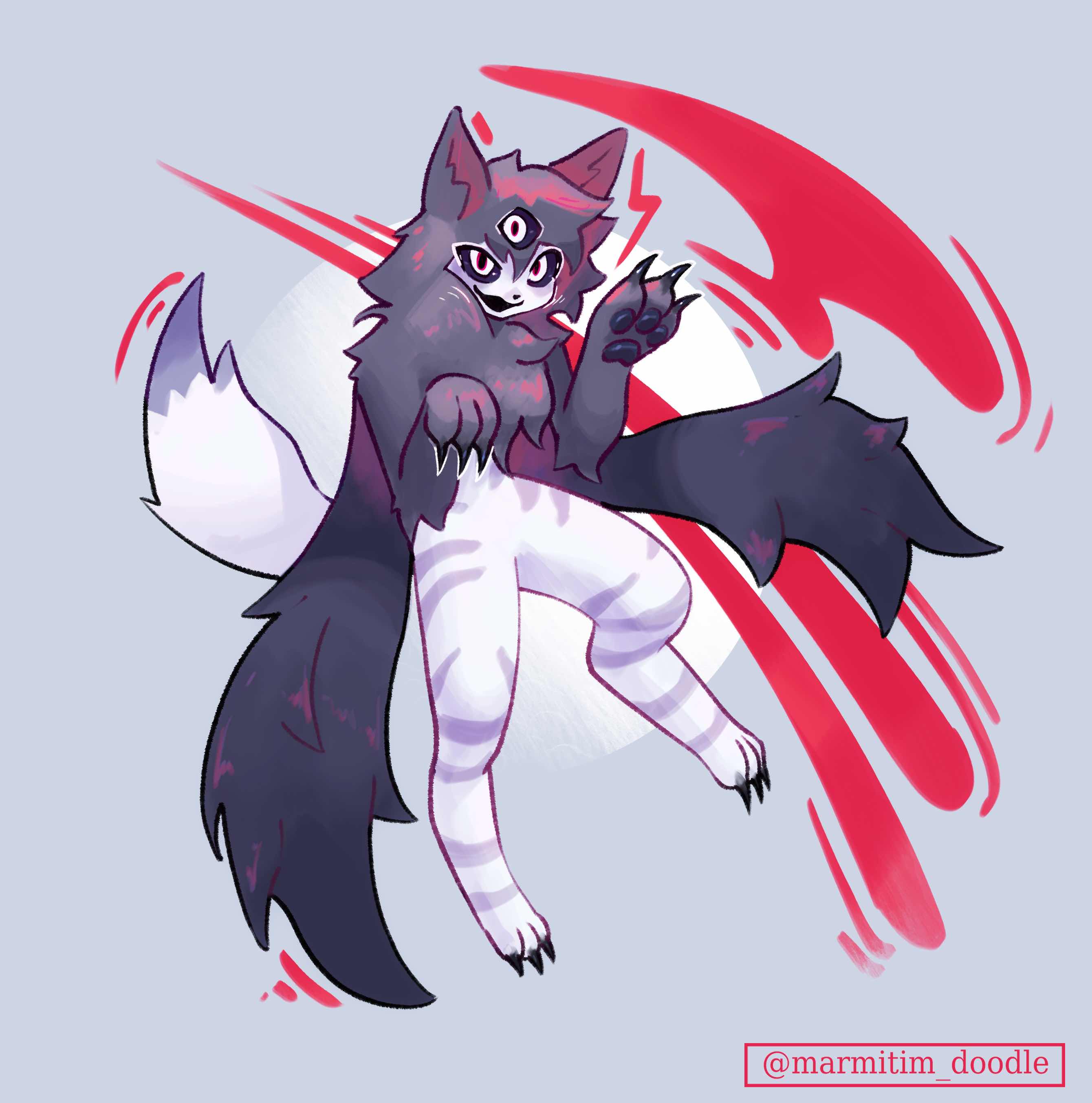 this is a digital illustration of an anthro cat wearing a black cloak with purple stripes.  it has white and black markings on its legs, white fur on the belly, and a third eye. the cat is posed with its wings spread out, a red abstract pattern on the background.