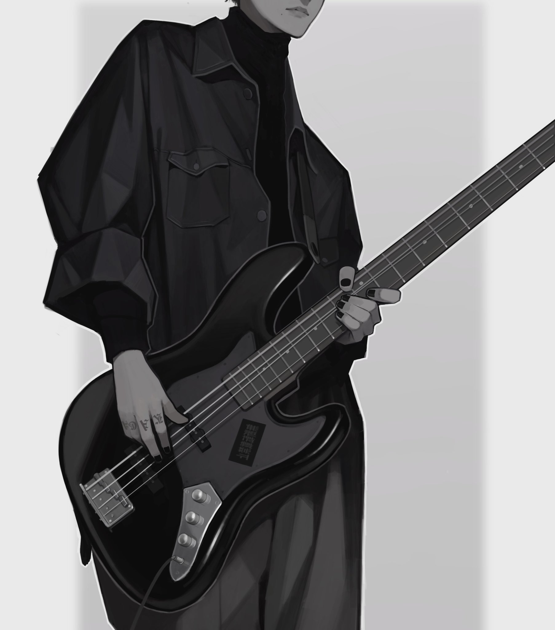 the image is a grayscale digital illustration or drawing of an animestyle male character. he appears to be a young adult or teenager, dressed in stylish dark clothing consisting of a longsleeved black turtleneck and an oversized black jacket.  the character is holding and playing a black electric bass guitar. the art style is highly detailed with meticulous shading and rendering, particularly noticeable in the texture of the clothing and the guitar. the overall mood is cool, stylish, and slightly melancholic due to the monochrome color palette and the character's pose.  the background is a simple, light gray, drawing focus to the character and their instrument.