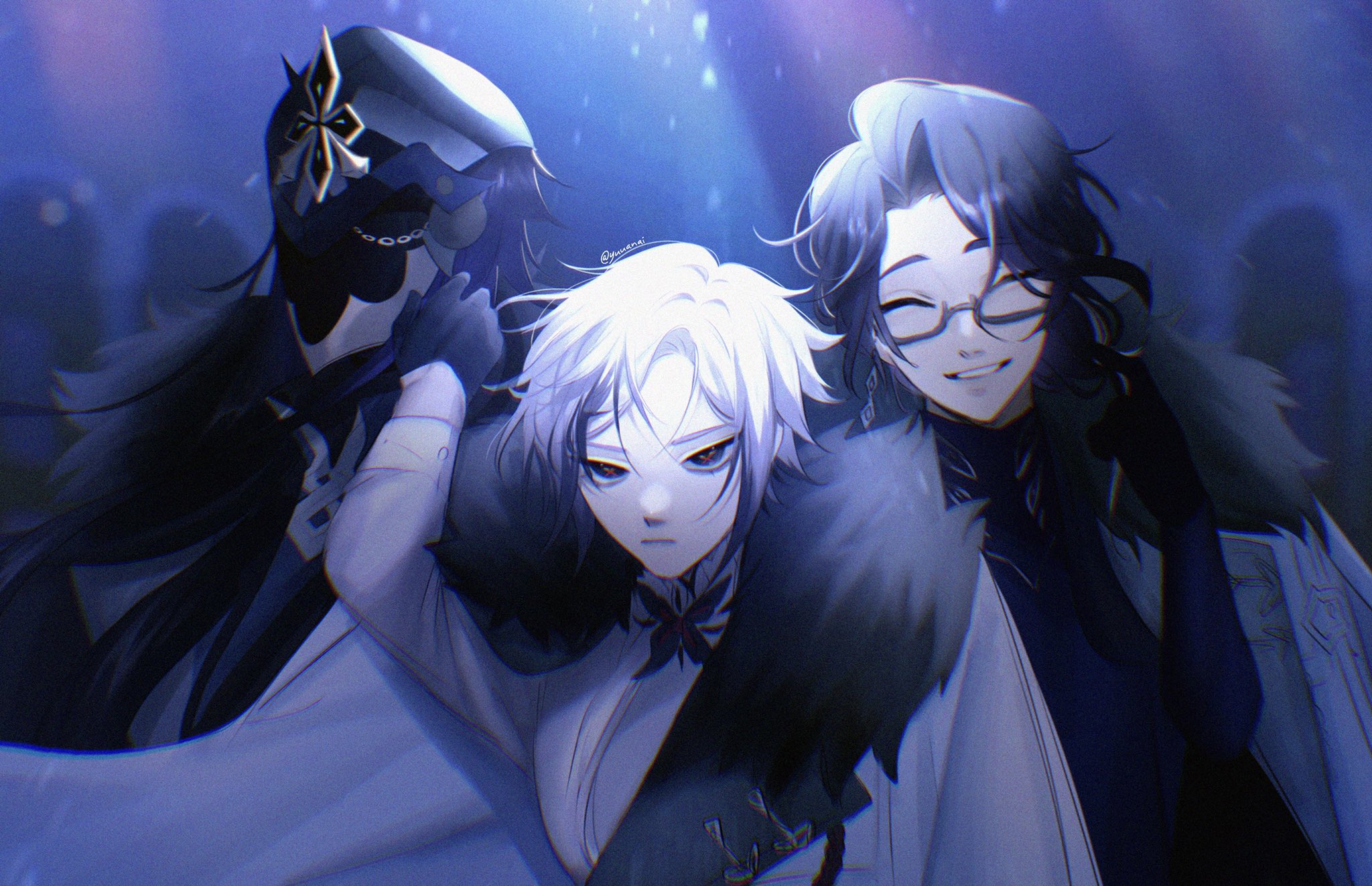 this is a digital illustration of three anime men. they are all dressed in elegant attire. the character on the left has black hair and a mask, the middle character has white hair and a black bow tie, and the character on the right has black hair and is wearing glasses. they are all smiling and looking at the camera. the background is dark blue and has a lot of light from the front and bottom of the image.