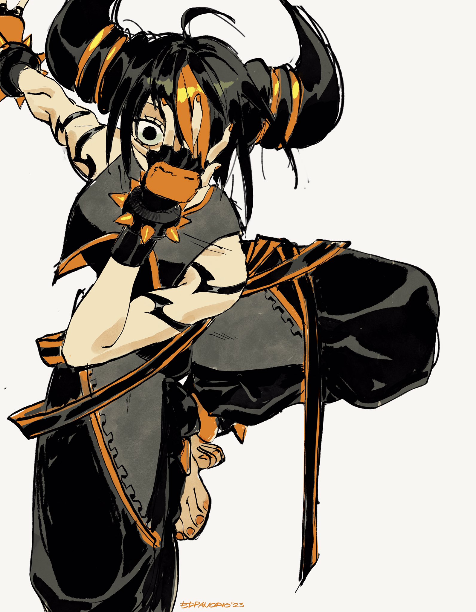the image is a dynamic illustration of a female anime character. she's depicted in a midaction pose, possibly a martial arts move, her body angled with one leg raised.  her attire consists of a dark, possibly black or dark grey, outfit with orange accents, and stylized horns or hair ornaments that extend upward from the sides of her head.  her face is partially obscured, and she's wearing what appears to be a dark orange mask or covering over her mouth and nose. the art style is expressive, with bold lines and brush strokes that create a sense of motion and energy. the overall color scheme is predominantly dark with orange highlights, enhancing the dramatic effect. the background is plain white, emphasizing the character. the style suggests a combination of manga and anime influences, featuring a mix of bold lines and softer shading.  the overall feeling is one of intensity and dynamism.