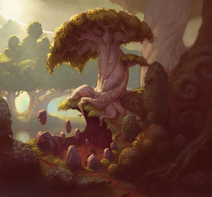 the image is a stylized digital painting depicting a fantasy landscape. a large, stylized tree dominates the scene, growing atop a cliff with exposed roots. the tree has a broad canopy of leaves. several rocks are scattered below the cliff, some appearing to float. there is a path leading into the scene. other trees and vegetation fill the background. the overall lighting is soft and warm, contributing to a whimsical and magical atmosphere. the artwork features elements of moss and digital art with a blend of stylized nature in a serene world.