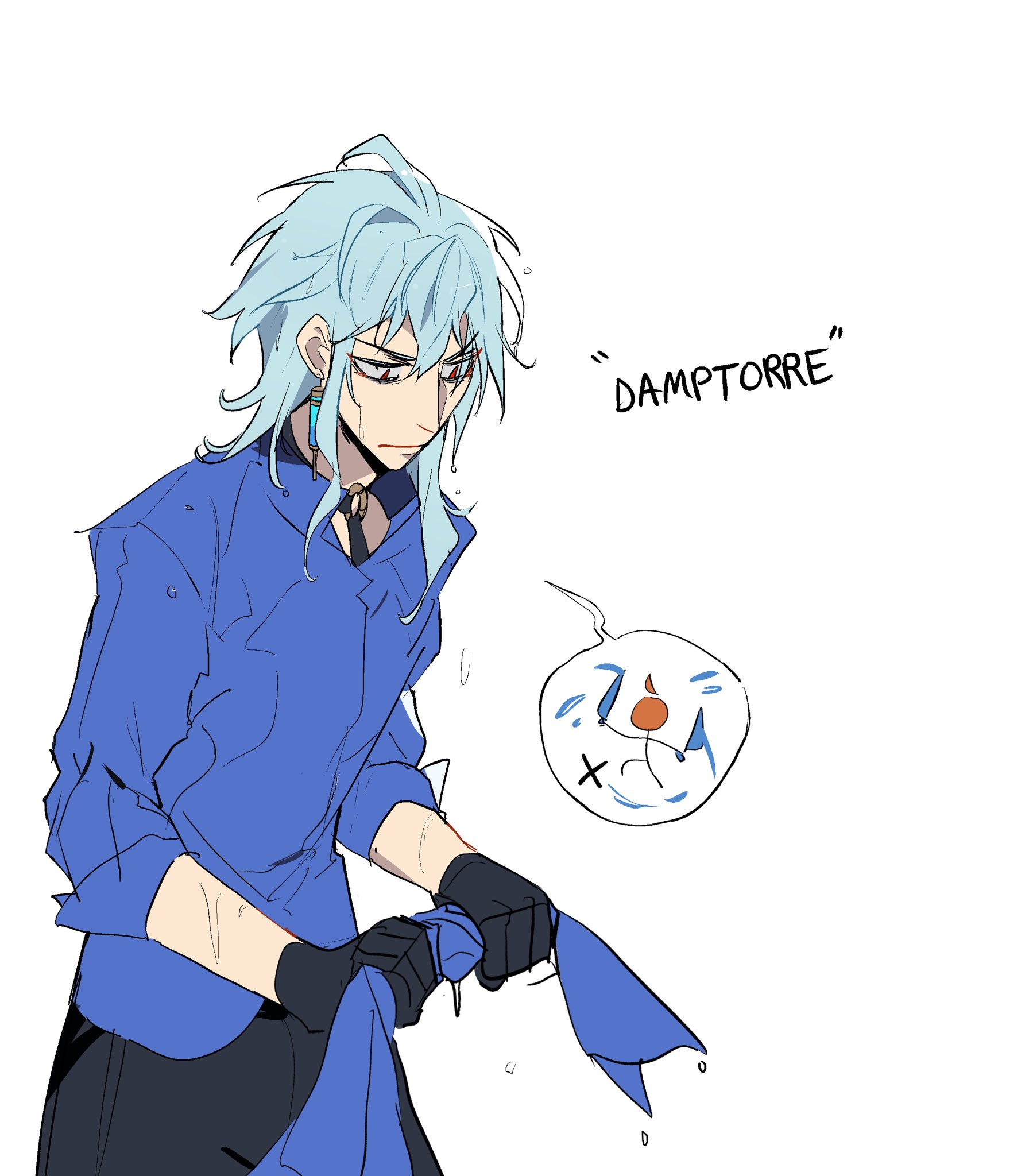 an anime boy with blue hair and a blue shirt is shown standing with black gloves. he has a sad expression. there is a drawing of a cartoon face with a sad expression in the background. the word "damptrrre" is written on the top right of the image.