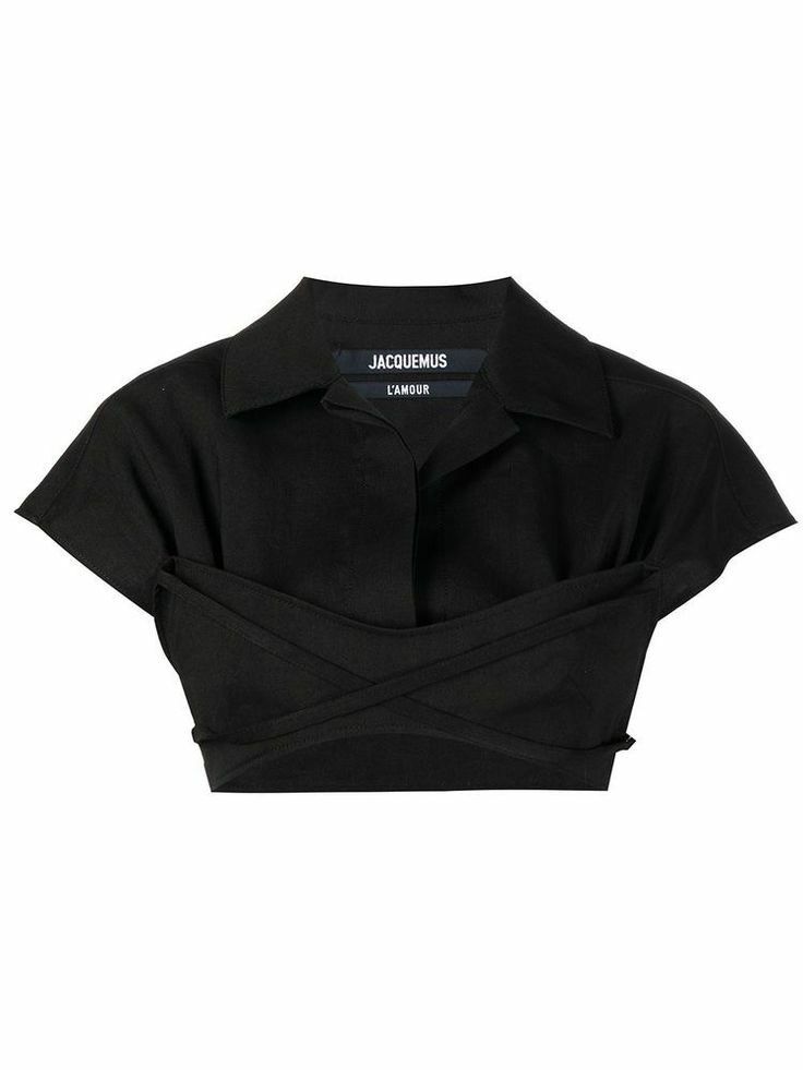 a black shortsleeved shirt with a wrap front and a collared neck. the shirt is cropped above the waist and has a casual look. the label "jacquemus l'amour" is visible on the front of the shirt.