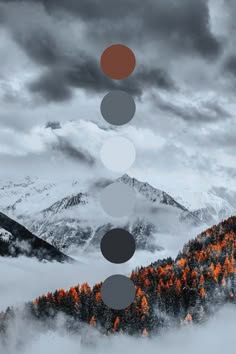 a picture of a mountainous landscape with a color palette of red, gray and white overlayed on top of the picture. the mountain is snow covered, with dark trees forming a line across the middle of the picture, and clouds at the top of the mountain.
