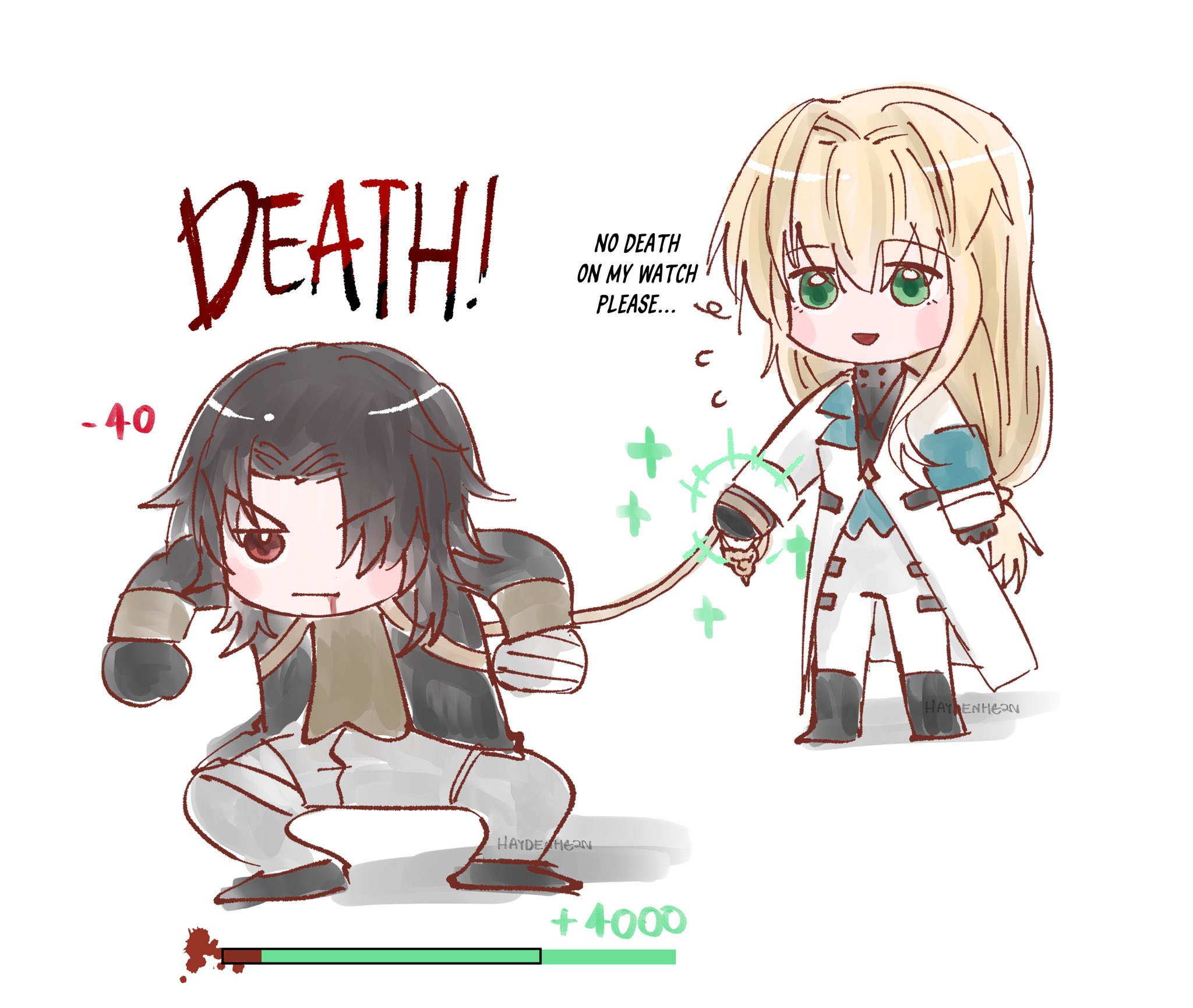this is a drawing of two anime characters in chibi style.  the character on the left is a player who has suffered damage and is close to death. the character on the right is a doctor and is healing the player.  the player is struggling to stay alive while the doctor is calm and confident.
