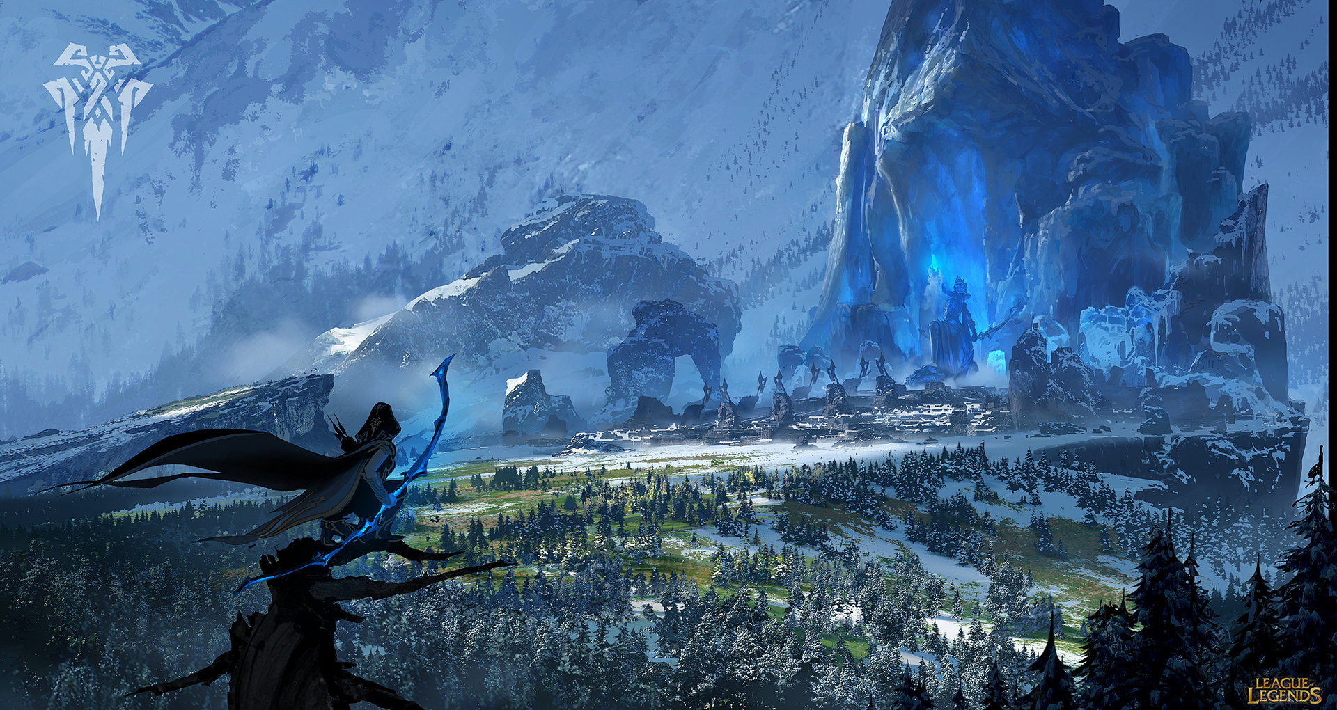 a lone figure, cloaked and wielding a bow and arrow, stands atop a snowy ridge overlooking a vast, wintry landscape.  the figure is positioned on the left side of the image, facing away from the viewer and towards the right side of the composition. the landscape unfolds with a mix of snowcovered plains, dark green forests, and towering, snowcapped mountains in the distance. the central focus of the image is a massive, icelike rock formation glowing with an ethereal blue light. the formation appears to be carved and resembles an ancient temple or gateway. ruins of a similar architectural style are scattered around its base, suggesting a oncegreat civilization now lost to time and the elements. the overall atmosphere is one of cold, desolate beauty with a hint of ancient mystery and magic.