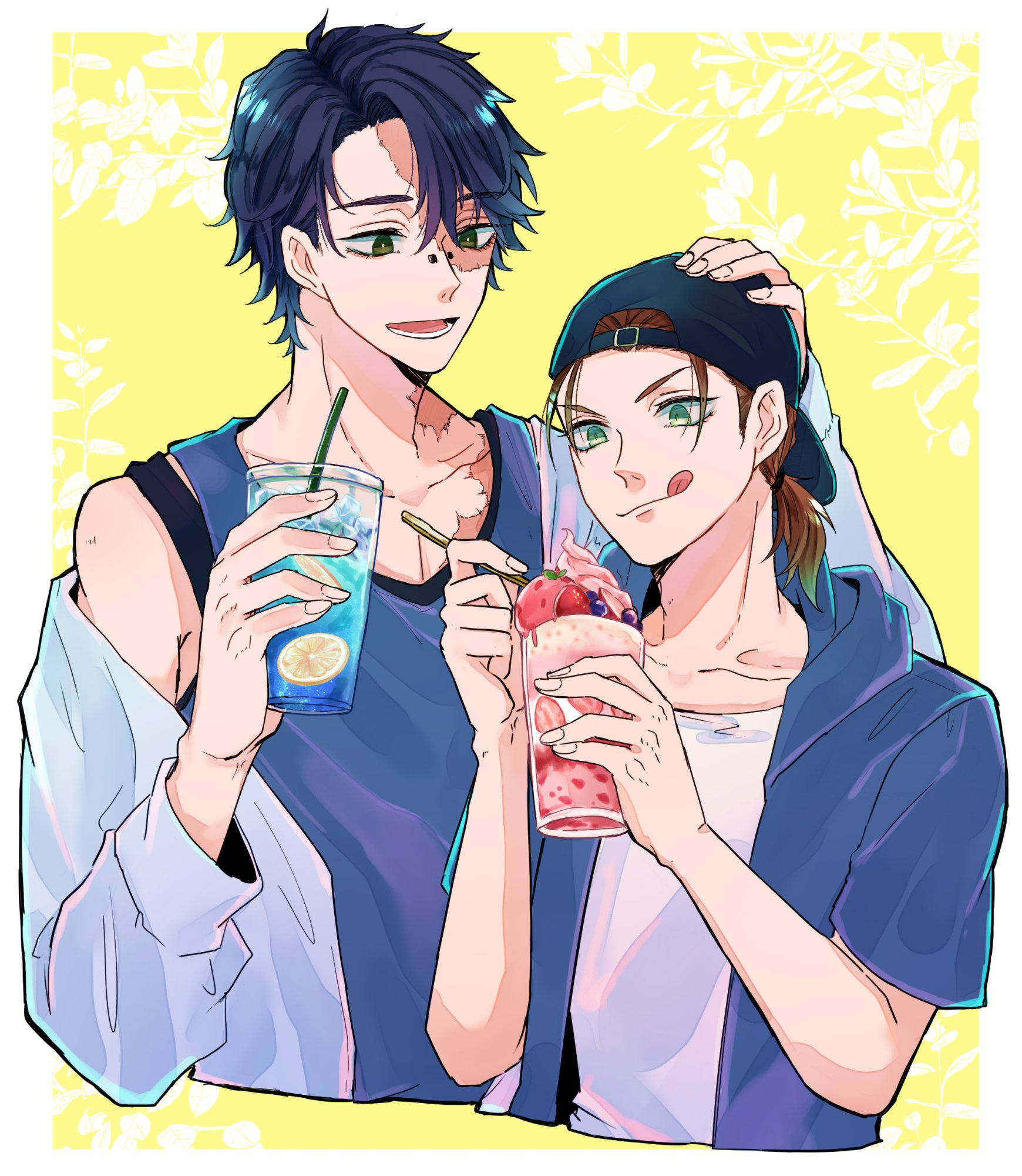 two anime boys are enjoying a hot summer day outside. they are both casually dressed and holding refreshing drinks and desserts. the boy on the left is holding a blue drink with lemon slices in it, while the boy on the right is holding a glass of ice cream with strawberries. they are both smiling happily and looking at each other. the background is a bright yellow with flowers and leaves. the overall tone of the image is happy and carefree.