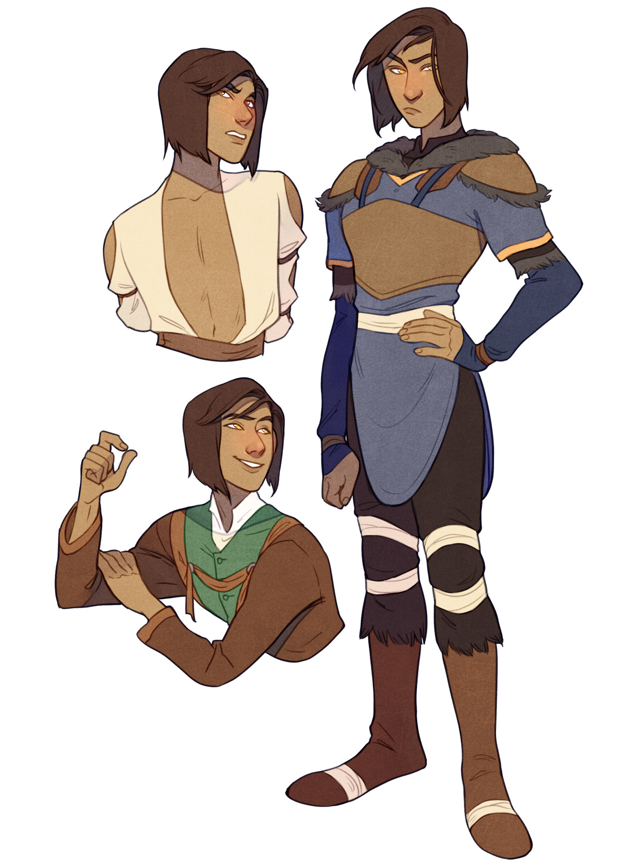 a digital illustration showing four different views of the same character, showcasing her range of expressions and potential outfits. she appears to be a young woman with brown hair and tan skin, wearing clothing inspired by  medieval and fantasy aesthetics. she is depicted in various poses and outfits, suggesting different aspects of her personality and role.