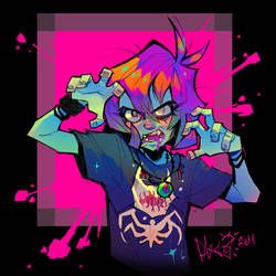 a cartoon anime girl with pink and purple hair is in a goth punk style outfit with neon colors. she is wearing a shirt with a neon spider on it and has a dark red, black and green necklace.  she is a creepy cool zombie and has some blood splatter on her.  the background is a neon pink with black splatter.